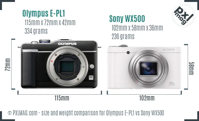 Olympus E-PL1 vs Sony WX500 size comparison