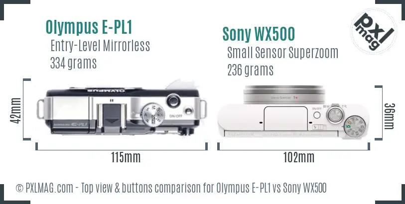 Olympus E-PL1 vs Sony WX500 top view buttons comparison