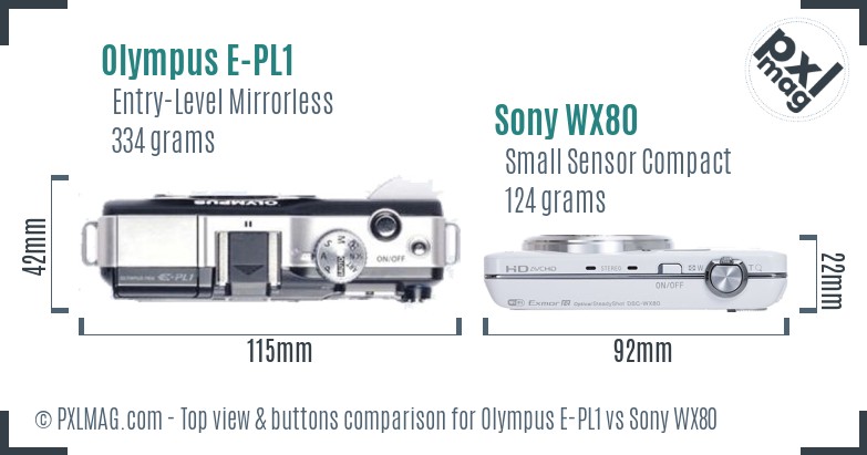 Olympus E-PL1 vs Sony WX80 top view buttons comparison