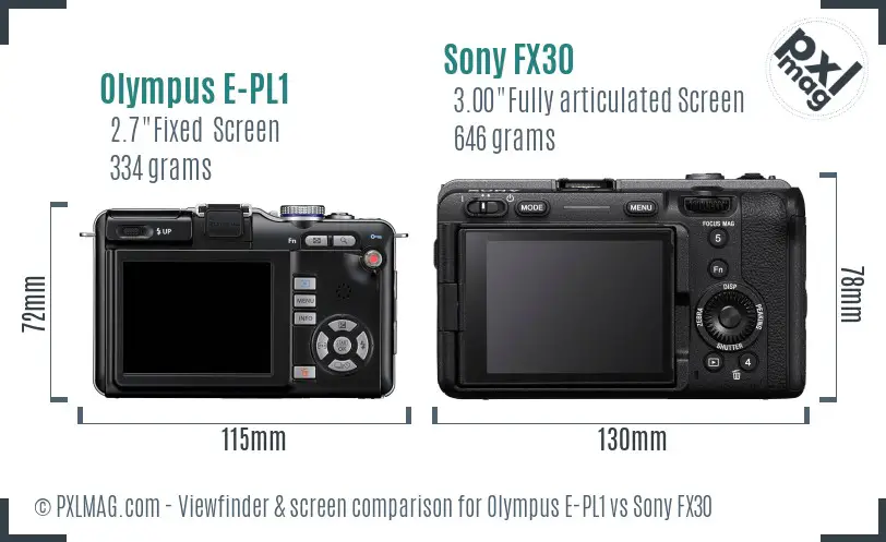 Olympus E-PL1 vs Sony FX30 Screen and Viewfinder comparison