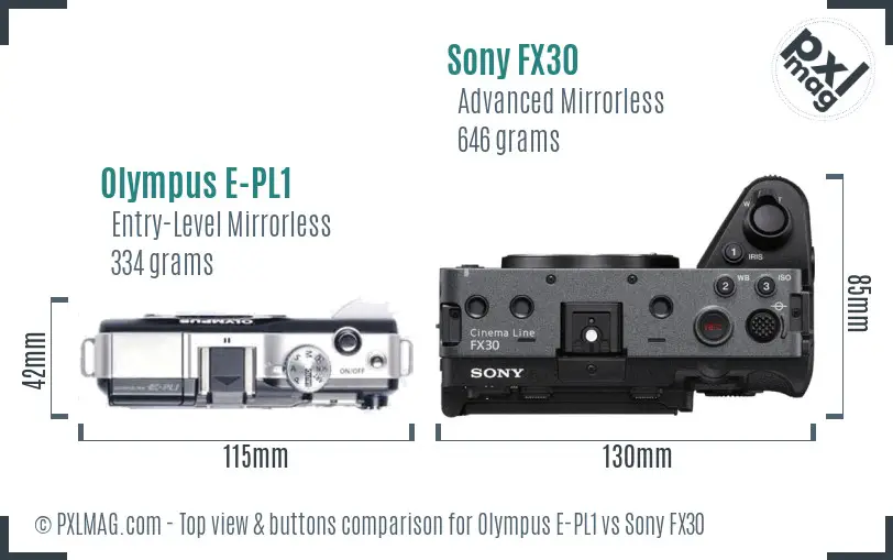 Olympus E-PL1 vs Sony FX30 top view buttons comparison
