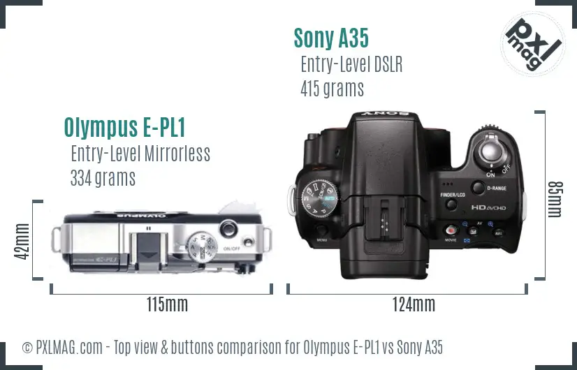 Olympus E-PL1 vs Sony A35 top view buttons comparison