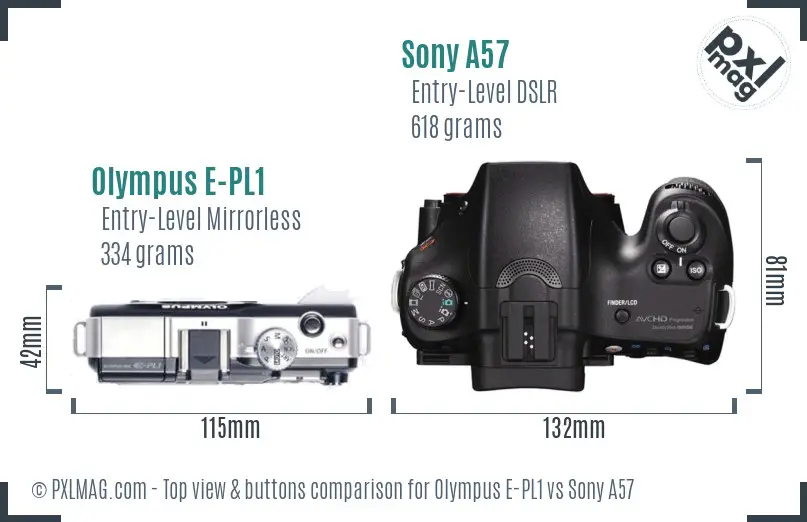 Olympus E-PL1 vs Sony A57 top view buttons comparison