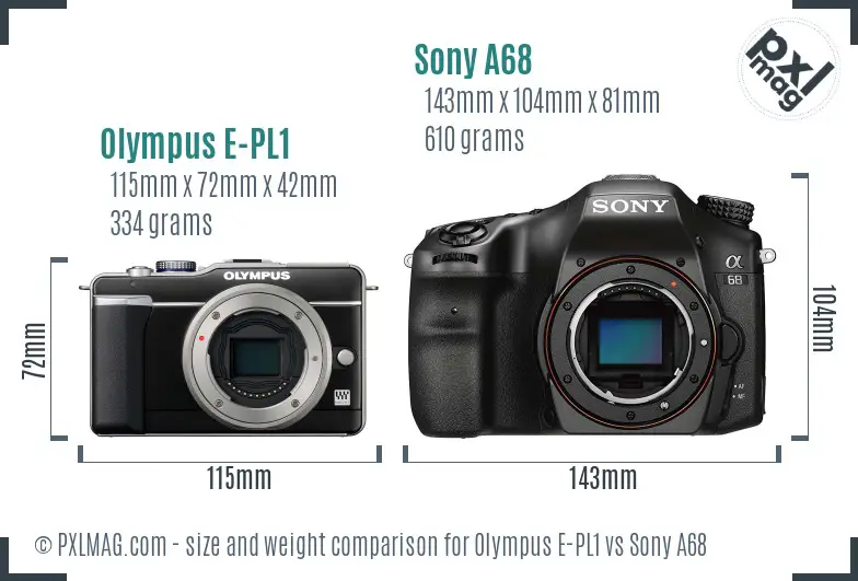 Olympus E-PL1 vs Sony A68 size comparison