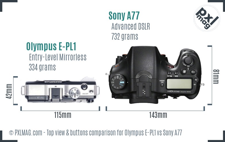 Olympus E-PL1 vs Sony A77 top view buttons comparison