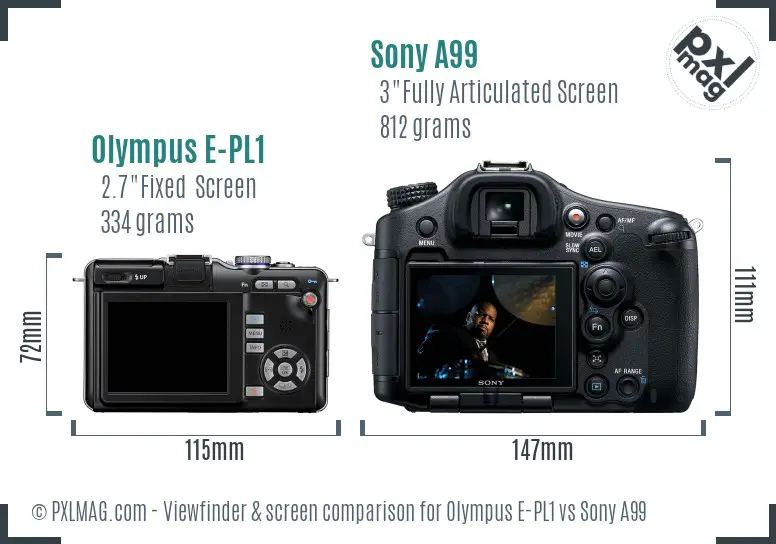 Olympus E-PL1 vs Sony A99 Screen and Viewfinder comparison