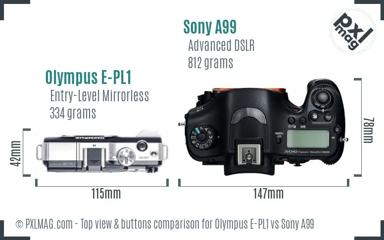 Olympus E-PL1 vs Sony A99 top view buttons comparison