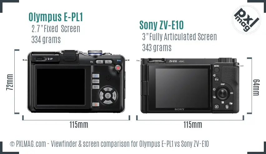 Olympus E-PL1 vs Sony ZV-E10 Screen and Viewfinder comparison