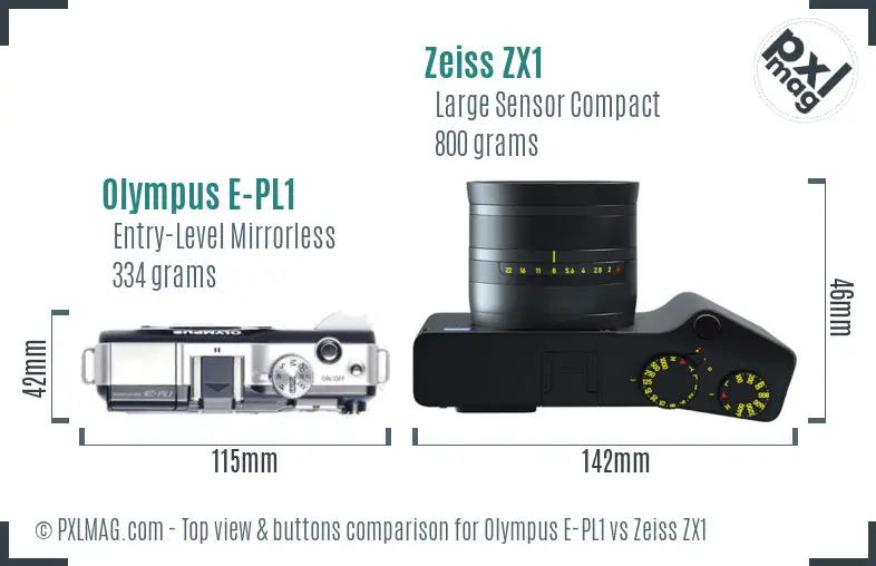 Olympus E-PL1 vs Zeiss ZX1 top view buttons comparison