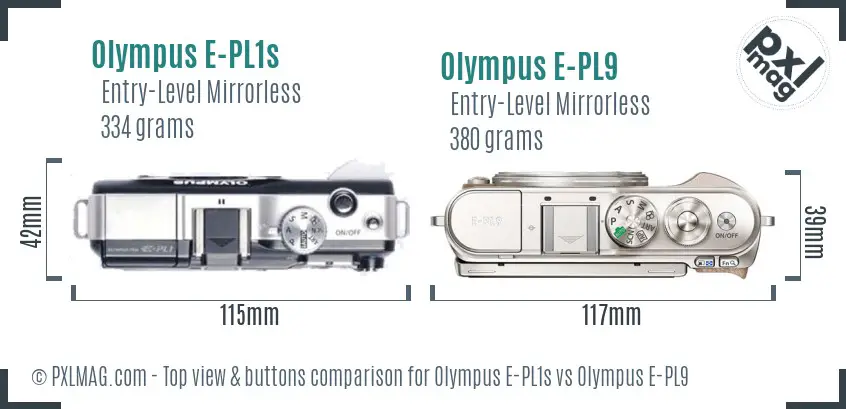 Olympus E-PL1s vs Olympus E-PL9 top view buttons comparison