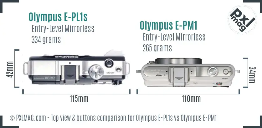 Olympus E-PL1s vs Olympus E-PM1 top view buttons comparison