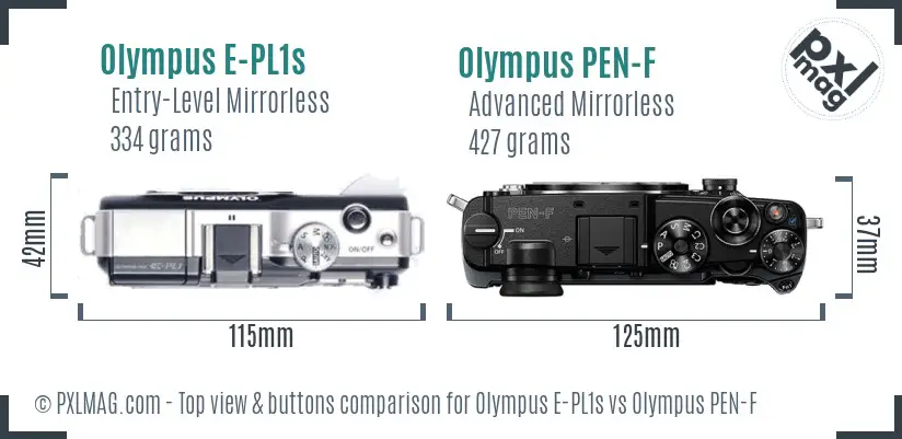 Olympus E-PL1s vs Olympus PEN-F top view buttons comparison