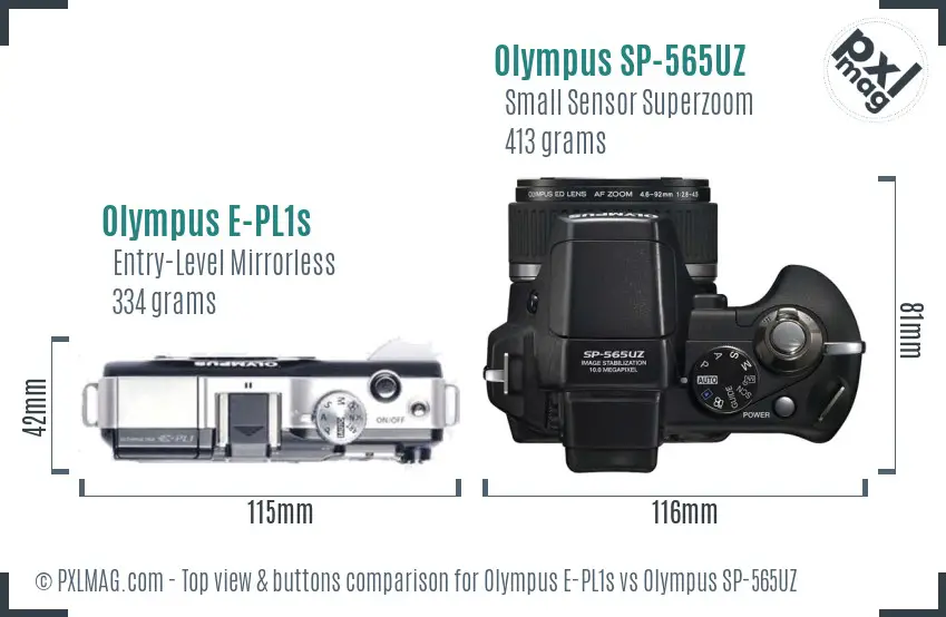 Olympus E-PL1s vs Olympus SP-565UZ top view buttons comparison