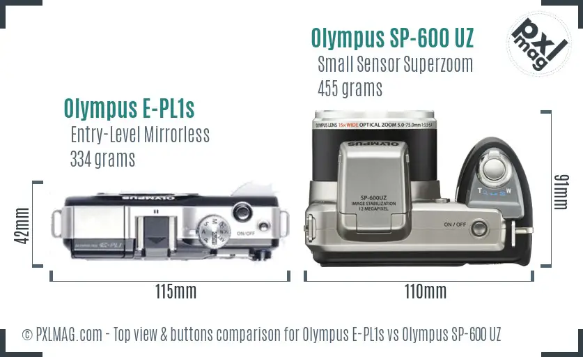 Olympus E-PL1s vs Olympus SP-600 UZ top view buttons comparison