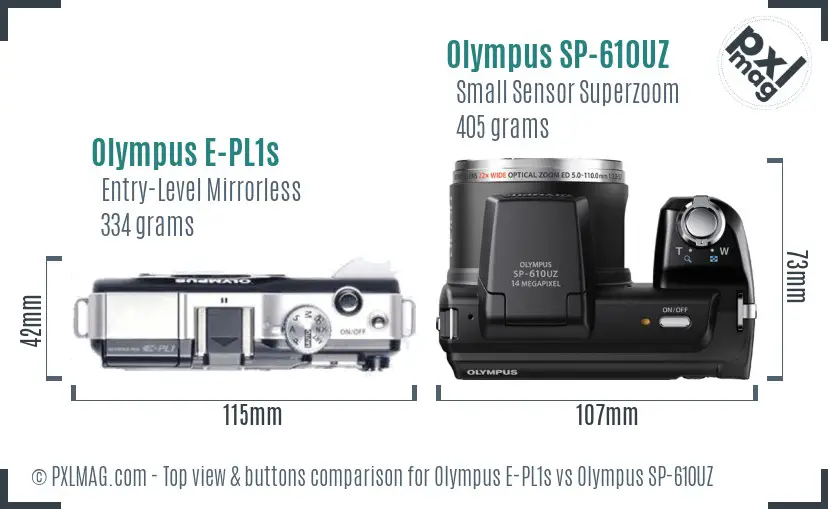 Olympus E-PL1s vs Olympus SP-610UZ top view buttons comparison