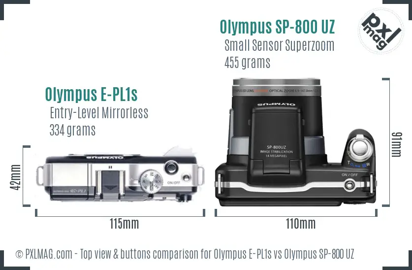 Olympus E-PL1s vs Olympus SP-800 UZ top view buttons comparison
