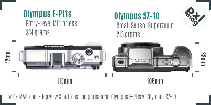 Olympus E-PL1s vs Olympus SZ-10 top view buttons comparison