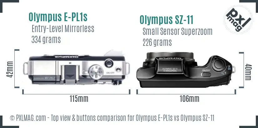 Olympus E-PL1s vs Olympus SZ-11 top view buttons comparison