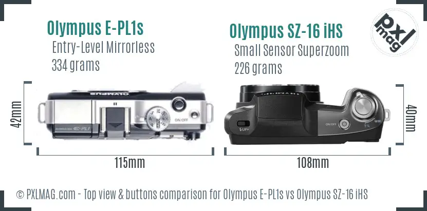 Olympus E-PL1s vs Olympus SZ-16 iHS top view buttons comparison