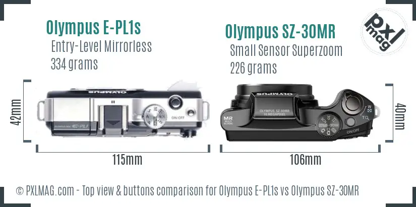 Olympus E-PL1s vs Olympus SZ-30MR top view buttons comparison
