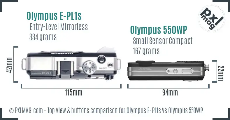 Olympus E-PL1s vs Olympus 550WP top view buttons comparison