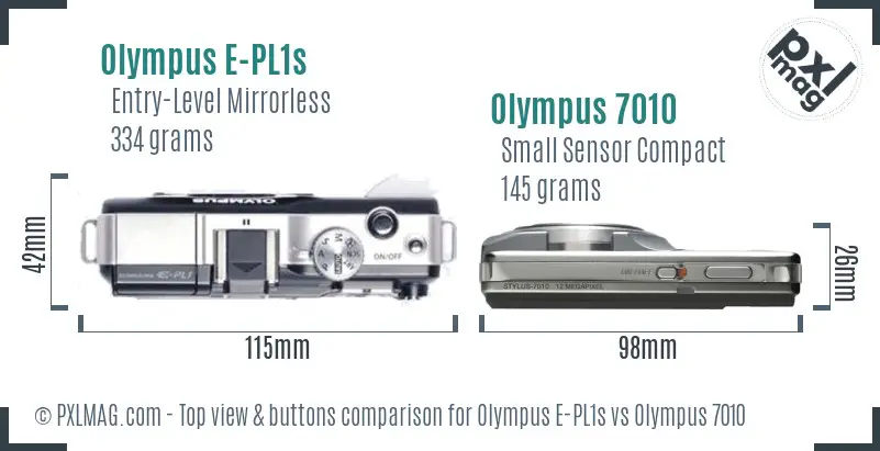 Olympus E-PL1s vs Olympus 7010 top view buttons comparison