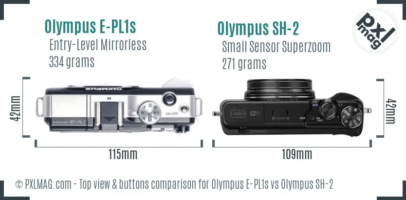 Olympus E-PL1s vs Olympus SH-2 top view buttons comparison