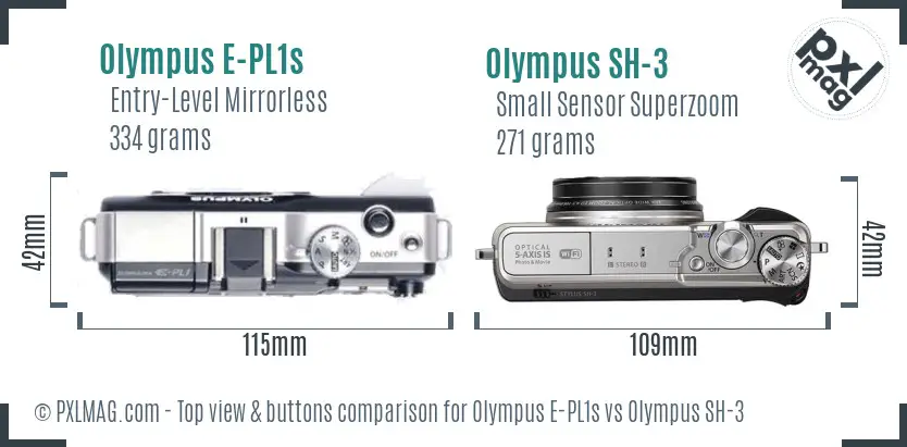 Olympus E-PL1s vs Olympus SH-3 top view buttons comparison