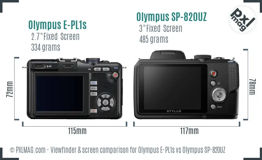 Olympus E-PL1s vs Olympus SP-820UZ Screen and Viewfinder comparison