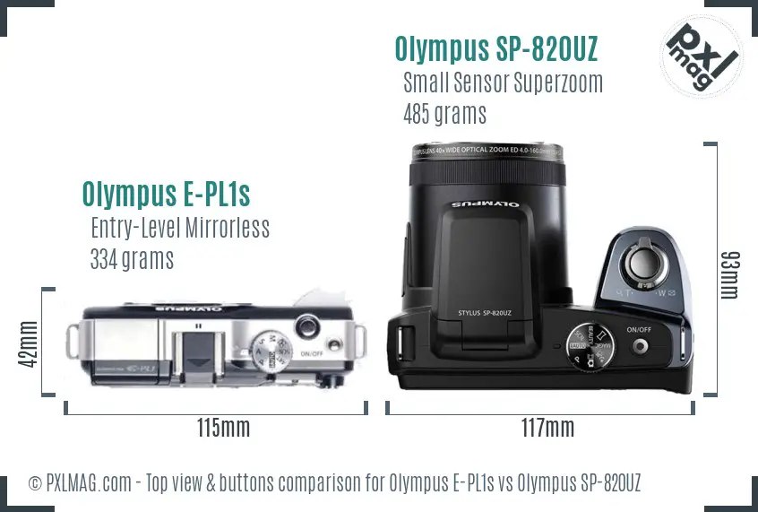 Olympus E-PL1s vs Olympus SP-820UZ top view buttons comparison