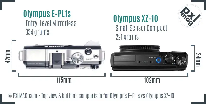 Olympus E-PL1s vs Olympus XZ-10 top view buttons comparison
