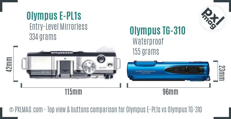 Olympus E-PL1s vs Olympus TG-310 top view buttons comparison