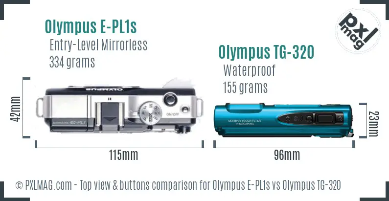 Olympus E-PL1s vs Olympus TG-320 top view buttons comparison
