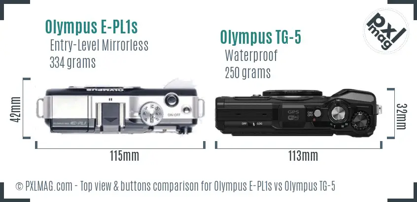 Olympus E-PL1s vs Olympus TG-5 top view buttons comparison