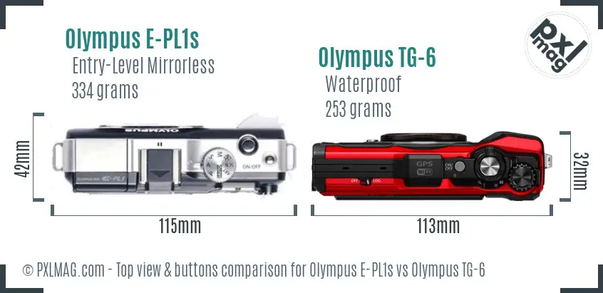 Olympus E-PL1s vs Olympus TG-6 top view buttons comparison