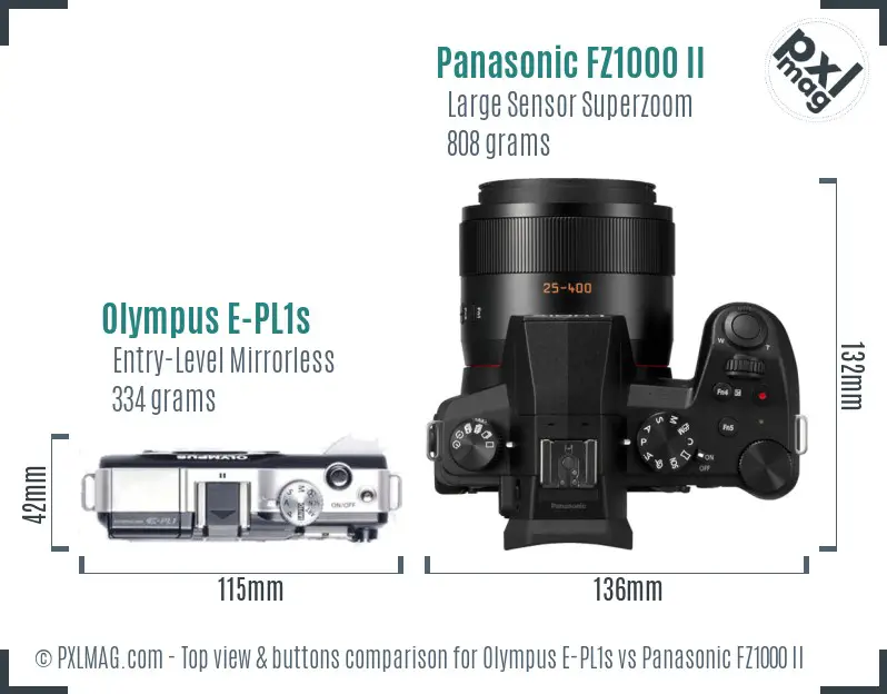 Olympus E-PL1s vs Panasonic FZ1000 II top view buttons comparison