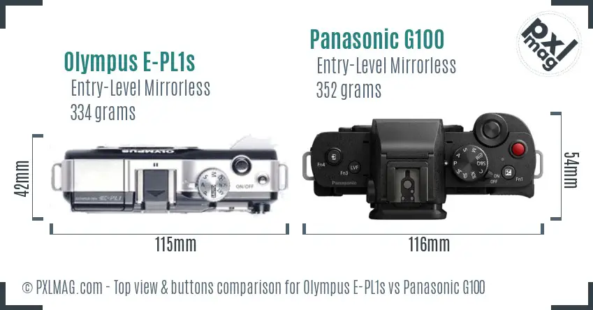 Olympus E-PL1s vs Panasonic G100 top view buttons comparison