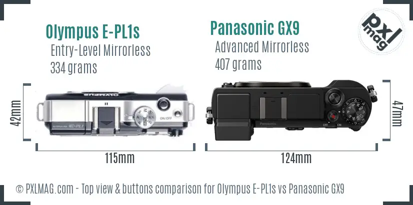 Olympus E-PL1s vs Panasonic GX9 top view buttons comparison