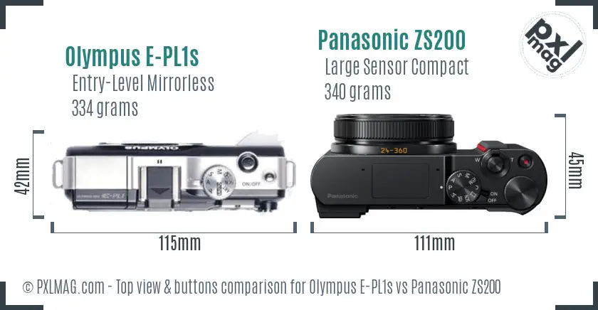 Olympus E-PL1s vs Panasonic ZS200 top view buttons comparison