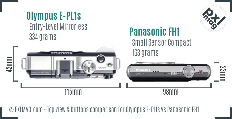 Olympus E-PL1s vs Panasonic FH1 top view buttons comparison