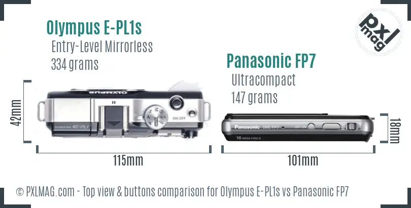 Olympus E-PL1s vs Panasonic FP7 top view buttons comparison