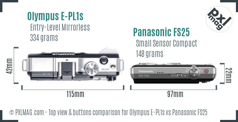 Olympus E-PL1s vs Panasonic FS25 top view buttons comparison