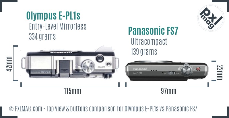 Olympus E-PL1s vs Panasonic FS7 top view buttons comparison