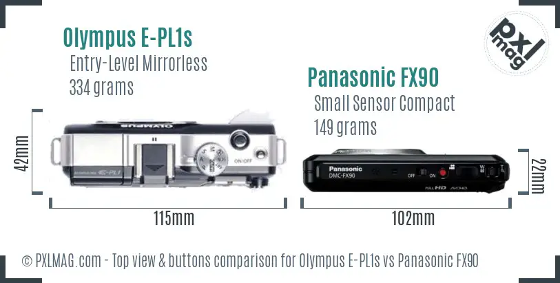Olympus E-PL1s vs Panasonic FX90 top view buttons comparison
