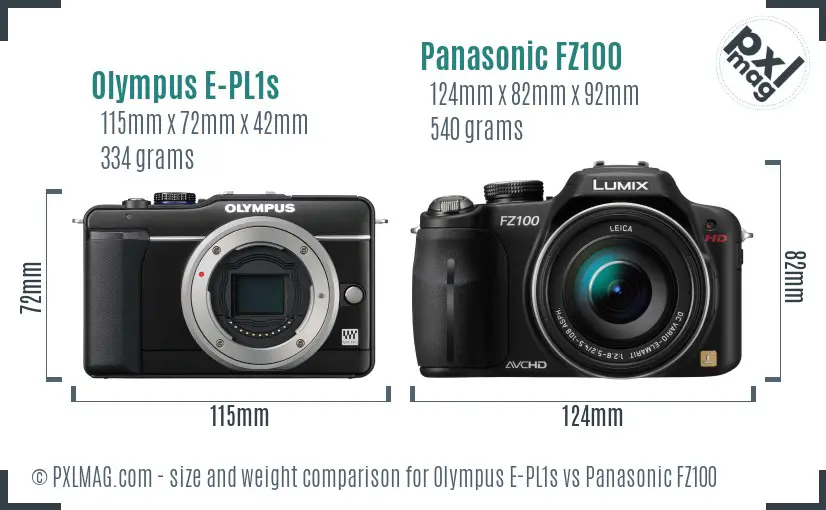 Olympus E-PL1s vs Panasonic FZ100 size comparison