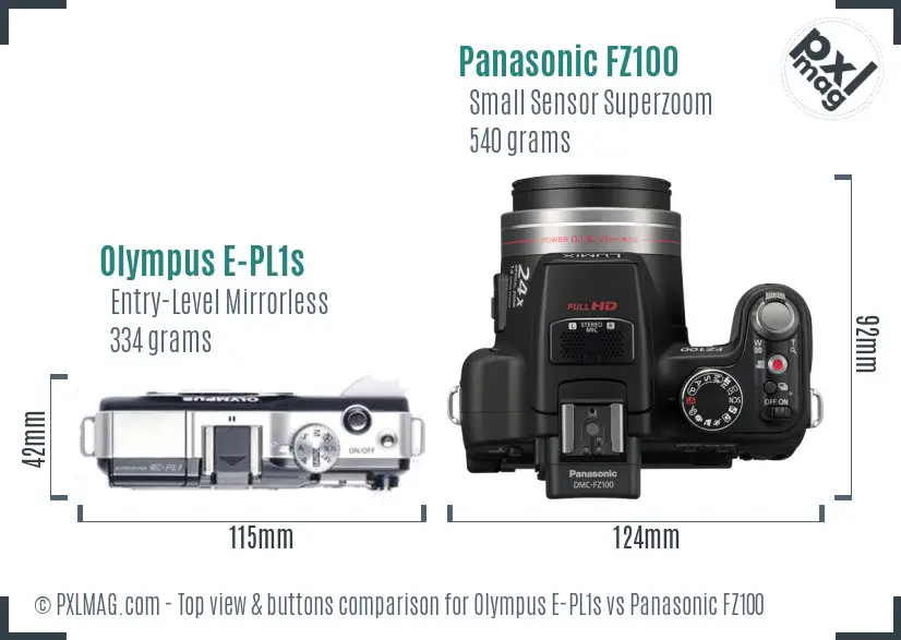 Olympus E-PL1s vs Panasonic FZ100 top view buttons comparison