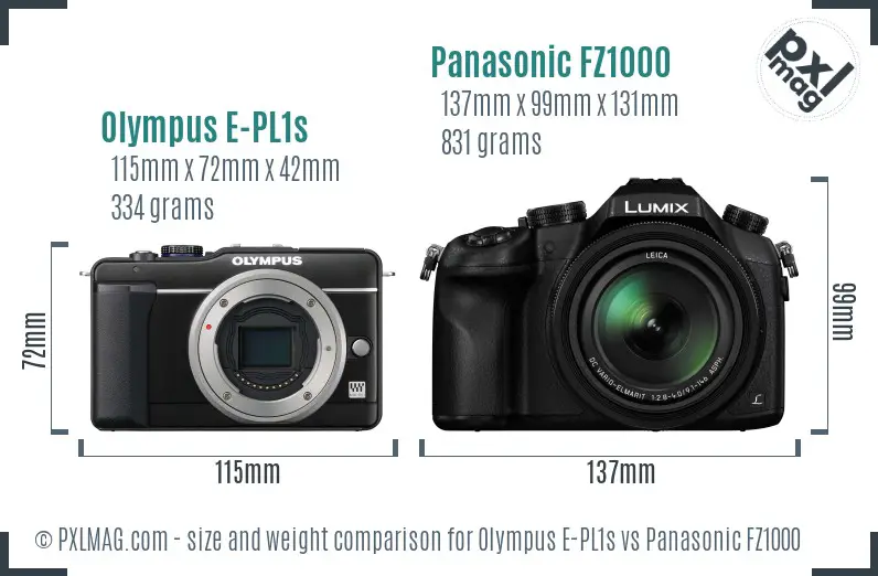 Olympus E-PL1s vs Panasonic FZ1000 size comparison