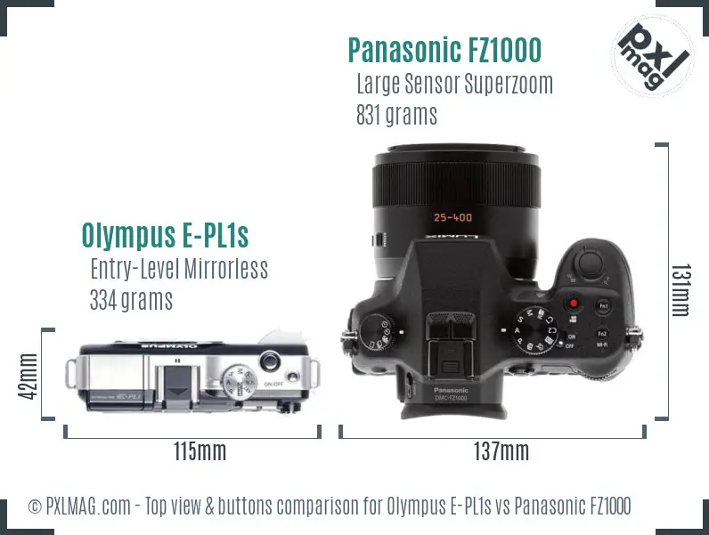 Olympus E-PL1s vs Panasonic FZ1000 top view buttons comparison