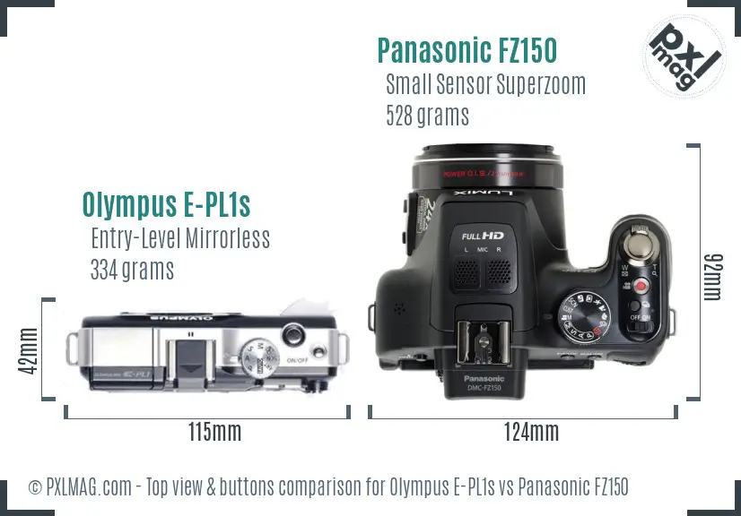 Olympus E-PL1s vs Panasonic FZ150 top view buttons comparison