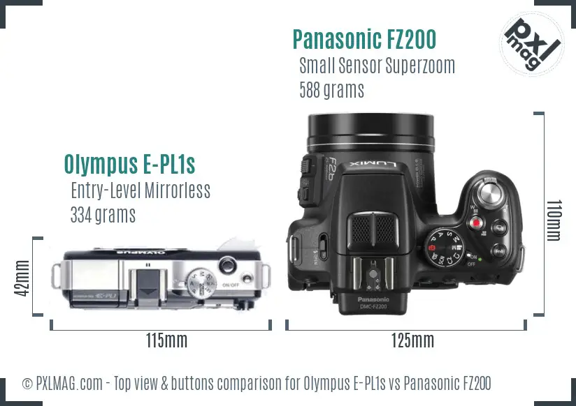 Olympus E-PL1s vs Panasonic FZ200 top view buttons comparison